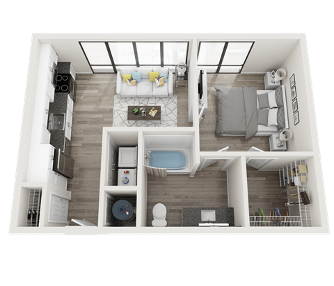 Floor plan for 1 bed, 1 bath, 584 sqft